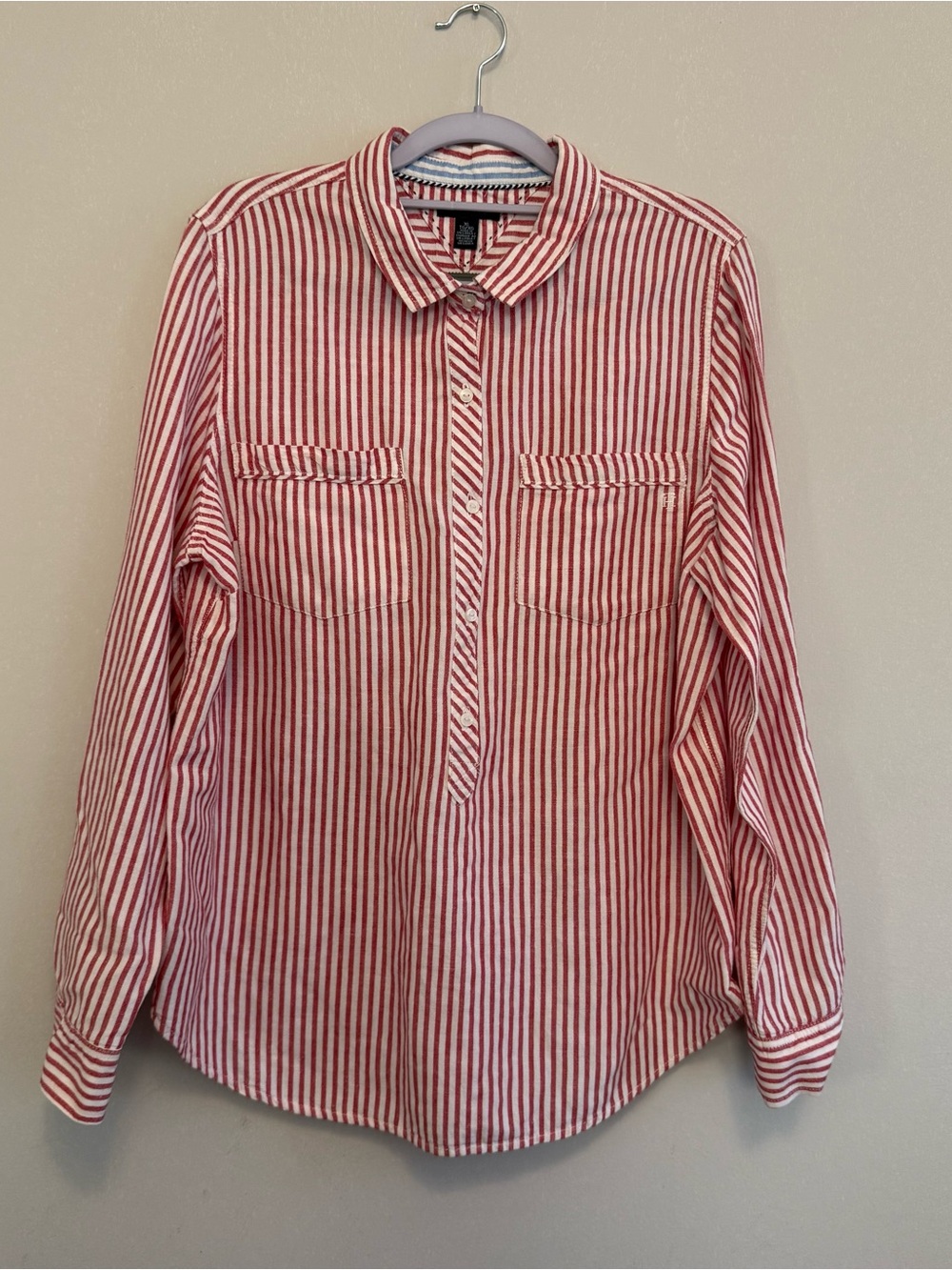 Tommy Hilfiger Red and White Striped Button Linen Cotton Shirt Women Size XL
